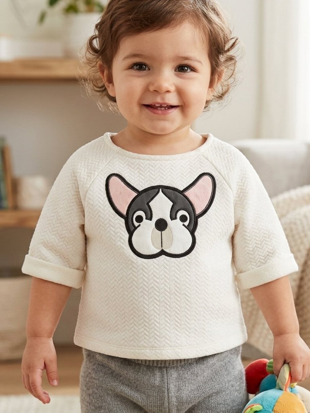 Pippa & Julie Quilted Long Sleeve Boston Terrier Dog Applique Cuffed Shirt Top 2